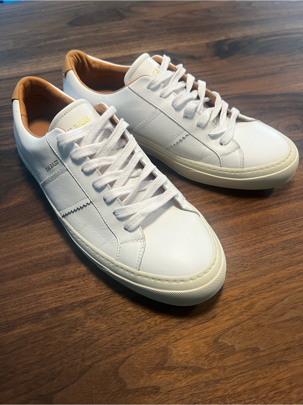 G.H. Bass & Co. White Leather Sneakers with Tan Collar